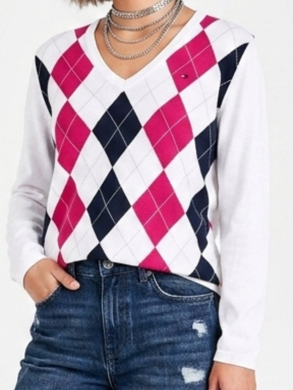 TOMMY HILFIGER White Cotton Argyle Preppy V Neck Sweater XL